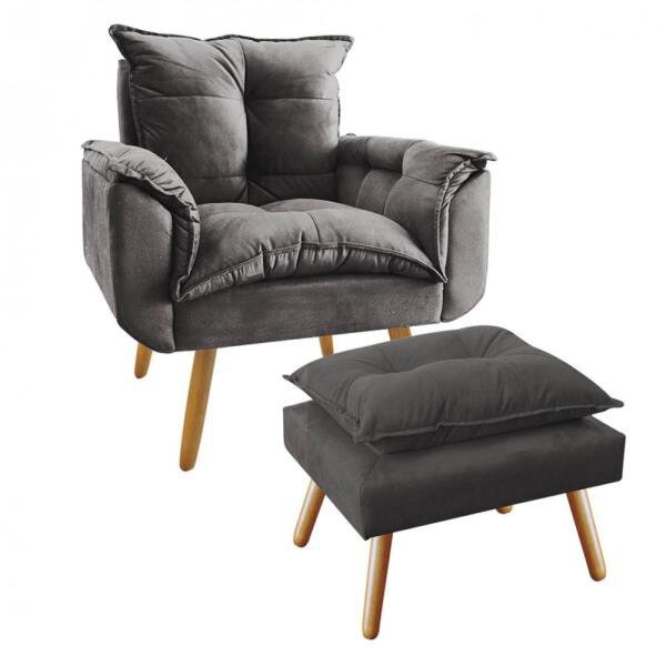 Poltrona Decorativa Opala Plus com Puff Cinza Bebezin - 2