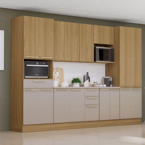 Cozinha Completa 8 Pçs Espaço Micro-ondas, Ilha, Tampo 320c Freijó/freijó Brasil/cinammon