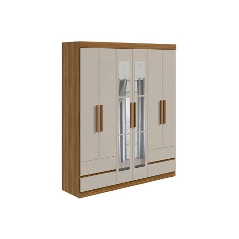 Guarda Roupa Solteiro 6 Portas e 4 Gavetas C/ Espelho Zeus Rovere/off White - Lopas