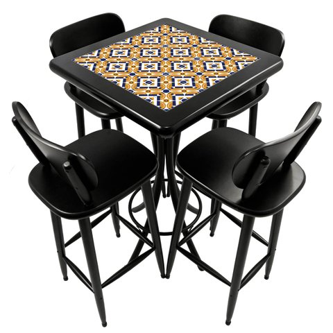 Cj Mesa Madeira Azulejo 60x60cm - Bistrô Fixa 98cm + 4 Banquetas 73 - Preta - Anos Dourados