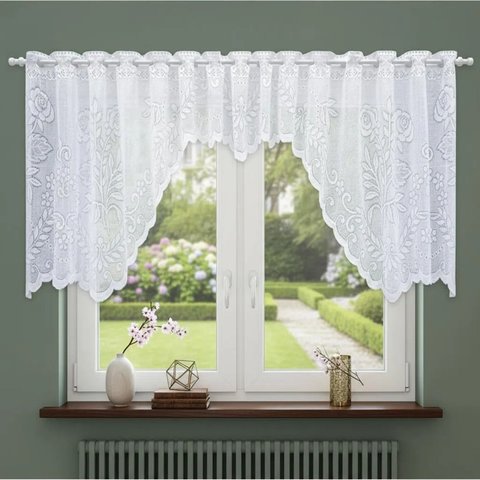 Cortina Renda Cascata Floral Branca Cozinha