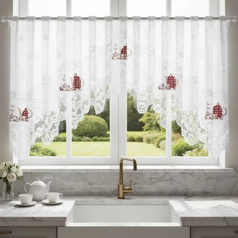 Cortina Renda Cascata Cozinha Creme Bule Vermelho 3x1,00 Alt