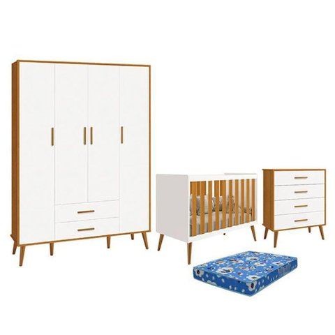 Dormitório Infantil Isis Guarda Roupa 4 Portas, Cômoda e Berço Branco Savana com Colchão -