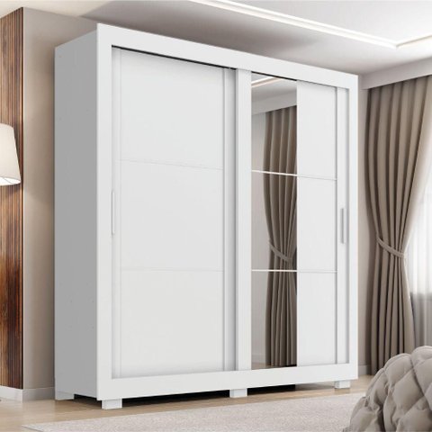 Guarda Roupas Casal com Espelho 2 Portas de Correr 4 Gavetas Titanium Zanzini Branco