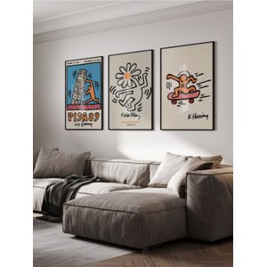 Kit 3 Quadros Decorativos Haring Skate Pisa89 Flower Moderno