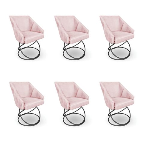 Kit 6 Poltronas Luxo Alana Suede Rosa Bebê Base Luxo Preto - Pallazio