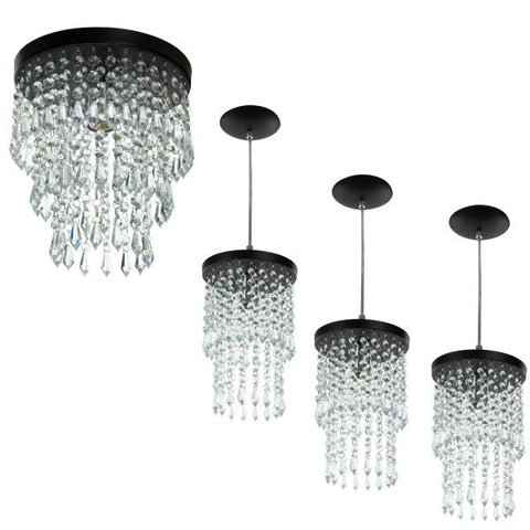 Kit 3 Pendentes Spark + Lustre Plafon Manucrillic Preto