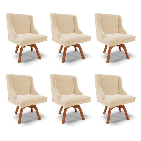 Kit 6 Cadeiras Decorativas Sala de Jantar Base Giratória de Madeira Firenze Suede Bege/natural G19