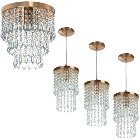 Kit 3 Pendentes Spark + Lustre Plafon Manucrillic Cobre