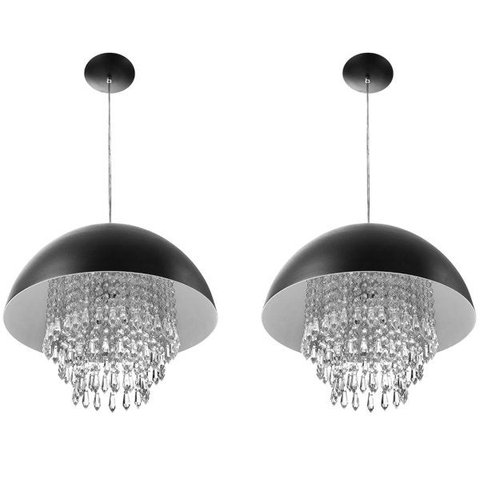 Kit 2 Lustre Pendente Meia Lua 40cm Preto Cristais Acrilicos