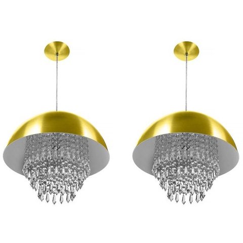Kit 2 Lustre Pendente Meia Lua 40cm Dourado Cristal Acrilico