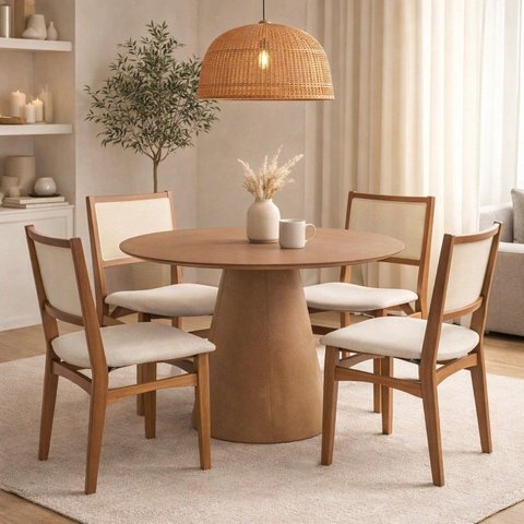 Conjunto Sala de Jantar Serena com Mesa e 4 Cadeiras com Encosto em Tela Mira Marrom/Madeira Nogueira/Bege