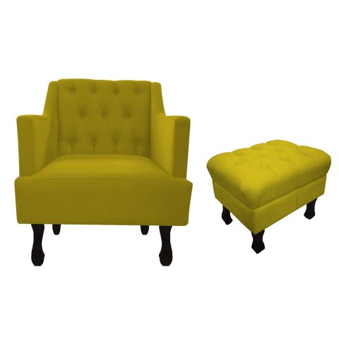 Kit Poltrona Decorativa Julia + Puff Luis Xv Couro Amarelo Pés Madeira Mz Decor