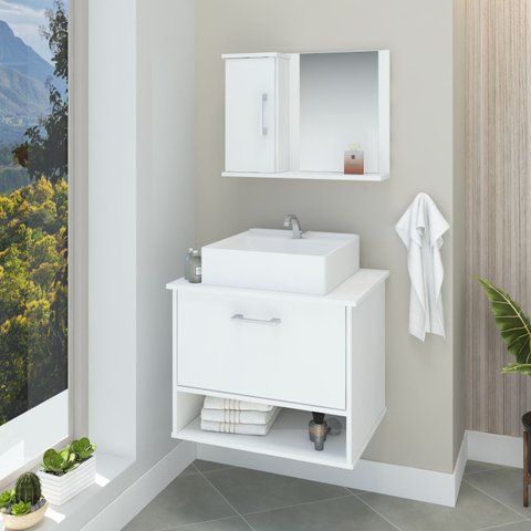 Gabinete Banheiro Malibu 50 Cm Armário com Cuba e Espelheira:branco