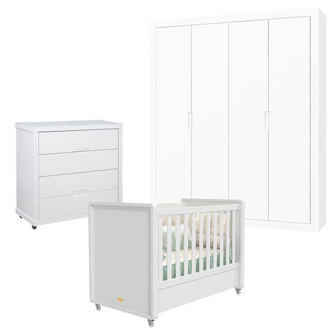 Quarto de Bebê 4 Portas Tutto New com Cômoda Gaveteiro Branco Acetinado - Matic