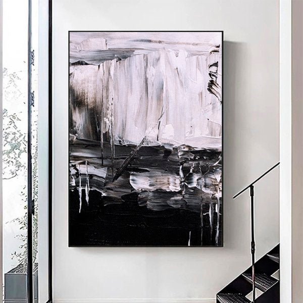 Quadro Abstrato Pintura Óleo Preto e Branco - Tela Única - 120 x 90 cm - Chassi - 1