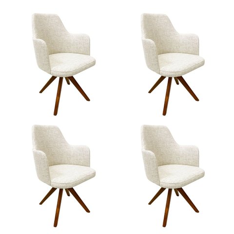 Conjunto 4 Cadeiras Jantar Saarinen com Braço Tecido Linho madeira giratória nobre maciça Poltronas 