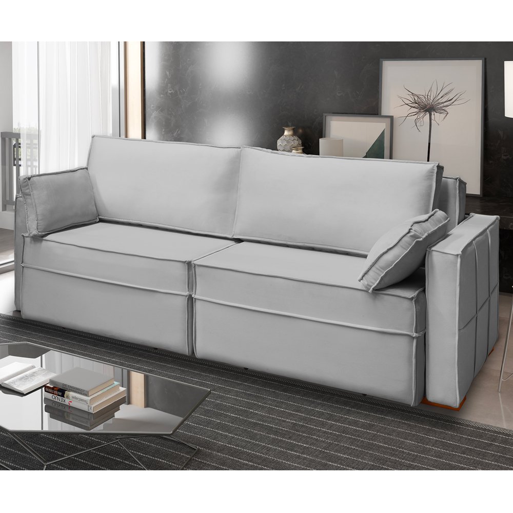 Sofá Cama Ferrari Retrátil e Reclinável 2,15m Veludo Cinza MadeiraMadeira