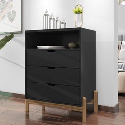 Cômoda Quarto Antares 3 Gavetas com Pés de Madeira Maciça Preto - 1