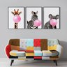 Quadro Decorativo Moderno Girafa Zebra e Coala Bubble Gum - Kit 3 telas - 90 x 60 cm - Preta - 1