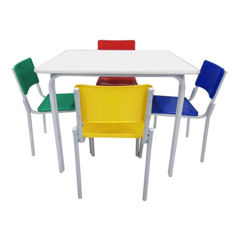 Conjunto Quadrado c/ 04 Cadeiras COLORIDO - MDF BRANCO - 06 a 09 Anos - INFANTO JUVENIL - MR PLAST -