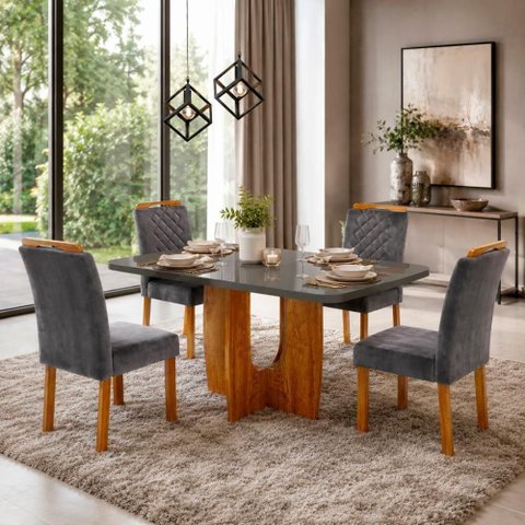 Conjunto Sala de Jantar Sala Roma 4 Lugares Tampo MDF e Vidro Grafite 130x90cm Bom Pastor Móveis