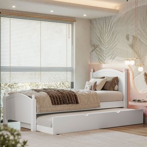 Cama Solteiro Madeira Maciça e Mdf Merk com Cama Auxiliar