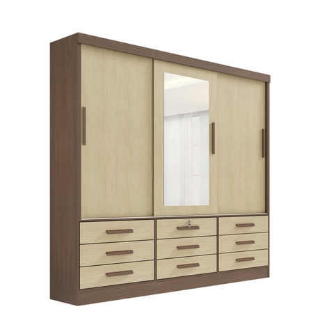 Guarda Roupa Meridian 3 Portas 9 Gavetas Castanho com Linho