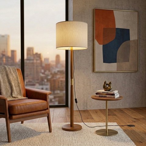 Luminária de Chão Imperial Base Madeira Detalhe Dourado 160cm Bivolt - Bege