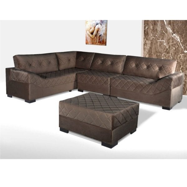 Sofá Bom Pastor Malta Luxo de Canto com Divã 6 Lugares + Puff Marrom