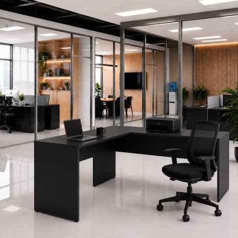 Mesa de Escritório em L 160x60cm + Cadeira de Escritório Ergonômica Reclinável com Apoio Lombar