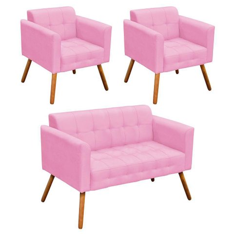 Kit 01 Namoradeira 02 Poltronas Elisa Suede Rosa Bebê