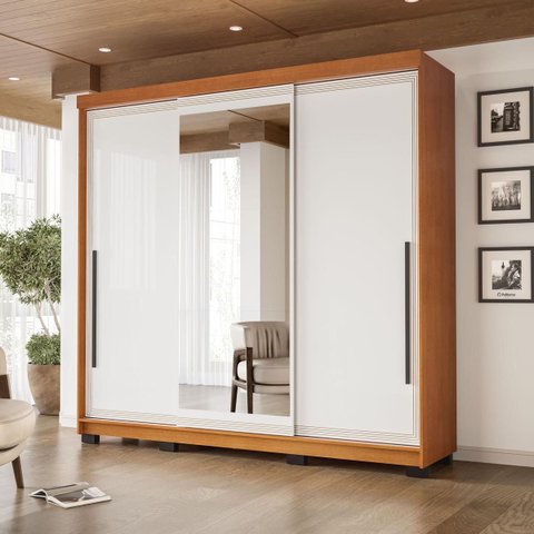 Roupeiro Valência 3 Portas Correr com Espelho 217x213cm Freijó/Branco 240854