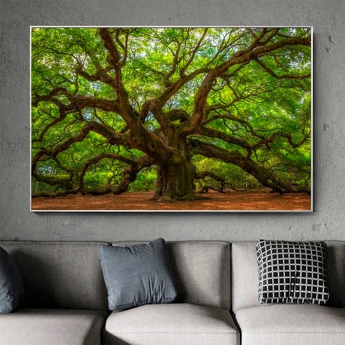 Quadro Decorativo Paisagem Grande Árvore Da Vida Com Moldura Dourada  200x120