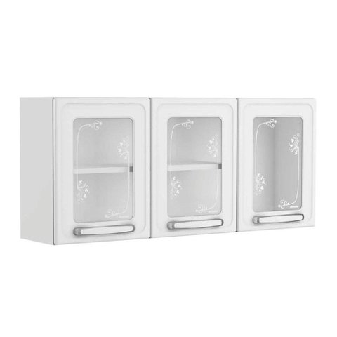 Armário Aéreo p/ Cozinha Evidence 7009 3 Portas c/ Vidro 120cm Branco - Bertolini