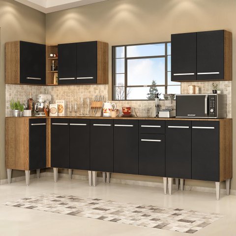 Armário de Cozinha Completa de Canto 357cm Rustic/Preto Emilly Rock Madesa 01