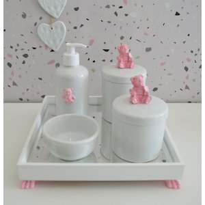 Kit Higiene Porcelana Bebê Banho Cuidado Meninas Quarto K014 Ursa - Rosa