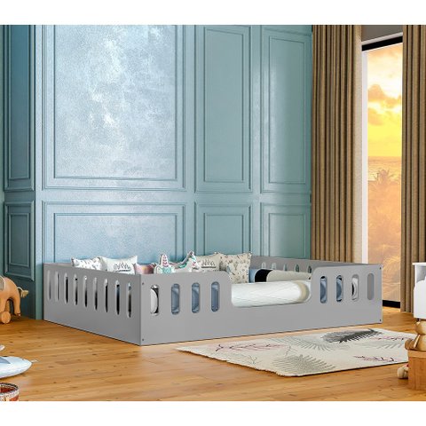 Cama Casal Infantil Helo com Cercado para Quarto Infantil em Madeira e Design Funcional - Cinza