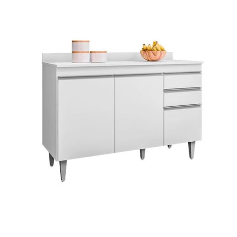 Balcão Melissa com Tampo 120cm 3 Portas 2 Gavetas Branco Maderatto Móveis