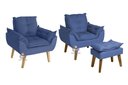 Ver imagem 1 de Kit 02 Poltrona/cadeira Decorativa e Puff Glamour com Pés Quadrado Azul Marinho