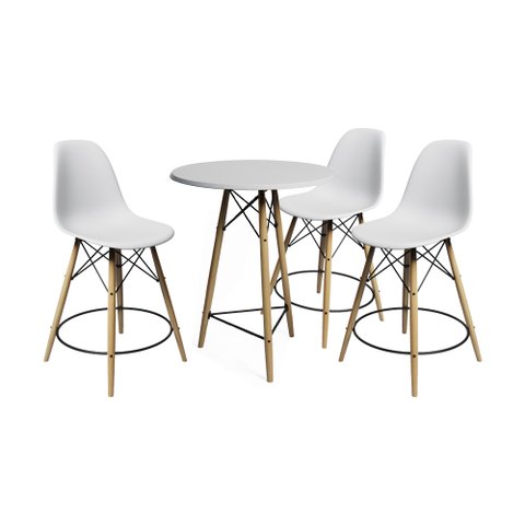 Conjunto Bistrô Eames Eiffel Mesa Branca com 3 Banquetas Brancas de Madeira