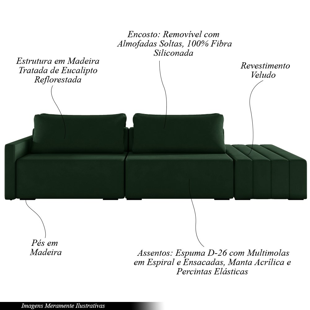 Sofá Ilha Modulado Milos 232cm Puff Lateral Veludo Verde G33 - Gran Belo - 3