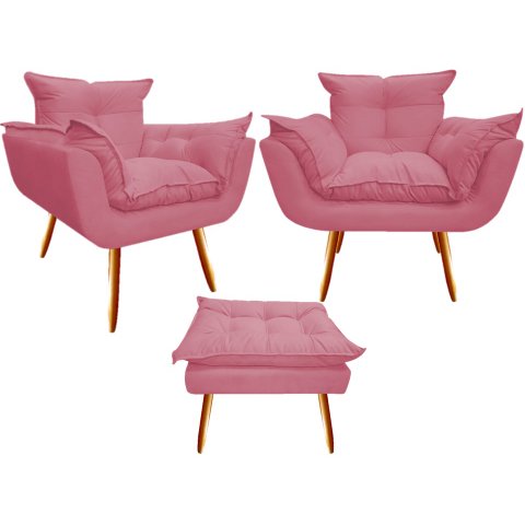 Kit 2 Poltronas + Puff Decorativo Opala Suede Rosa Pés Madeira Ms Decor