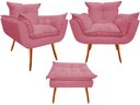 Ver imagem 1 de Kit 2 Poltronas + Puff Decorativo Opala Suede Rosa Pés Madeira Ms Decor