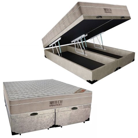 Cama Box Baú King Suede Bipartido + Colchão Ortobom Airtech Molas Ensacadas 193x203x65 Cor:bege