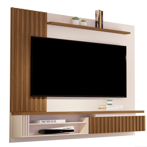Painel para Sala Duas Prateleiras Uma Porta com Dobradiças Muller Ripado - Giga Móveis:off White/fre