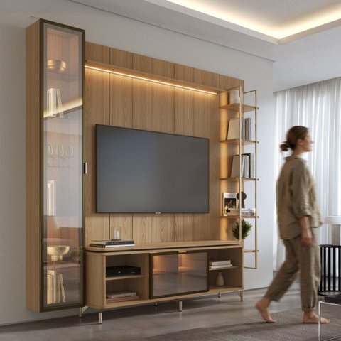 Estante para TV Home Theater 75" 100% MDF 254cm 5 Prateleiras Cristaleira Reflecta LED Carvalho