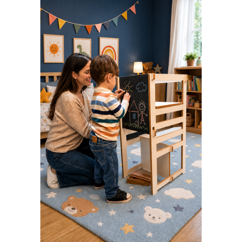 Torre de Aprendizagem Montessori 4 em 1 Quadro Cadeirão Mesinha