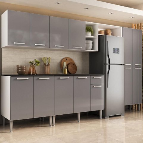 Armário Cozinha Modulada Completa 298cm Pequim Top Multimóveis Mp3769 Branco/lacca Fumê