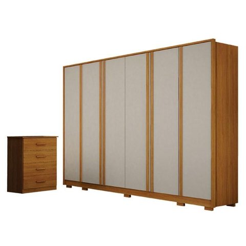 Guarda Roupa Casal Ares 6 Portas Cinamomo Off-white com Cômoda Rubi 4 Gavetas Cinamomo – Leifer
